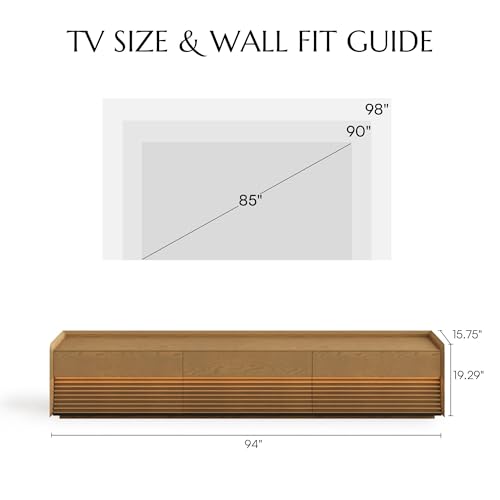 Image of POVISON 95 inch Fully Assembled Mid Century Modern TV Stand with LED Lights, Extra Long Media Console with 6 Drawers, Luxury Wood Slatted Entertainment Center for 85 90 100 Inch TV