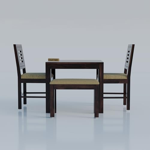 Image of Solid Sheesham Wood 3 Seater Dining Table | Three Seater Dinner Table with 2 Cushions Chairs & 1 Bench | Dinning Table Set 3 Seater for Living Room | Yellow Cushions | Walnut Finish