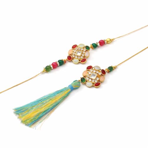 Image of Jaipur Ace Designer Kundan Rakhi with Lumba for Bhaiya Bhabhi | Premium Raksha Bandhan Thread for Brother & Sister-in-Law | Fancy Stone Work Bracelet with Tassel | Traditional Festival Gift (SET OF 3)
