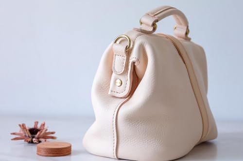 Image of Handmade Leather Doctor Bag for Women, Vintage Frame Satchel, Large Capacity Work Handbag, Soft Genuine Leather Shoulder Tote