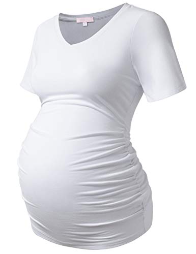 Bhome Maternity T Shirt Short Sleeve Shirts Vneck Tshirt Side Ruched Tee Top White L