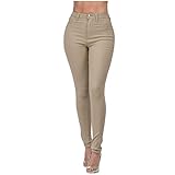 Dninmim Pantalones ajustados elásticos de cintura alta para mujer, para primavera, otoño, pantalones de mezclilla casuales ajustados, café, M