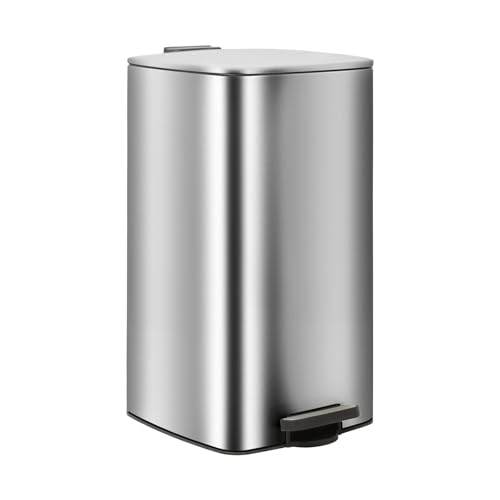 Harbour Housewares 30L Square Pedal Bin Chrome Stainless Steel Kitchen Trash Can with Soft-Close Lid Hands-Free Foot Pedal Removable Inner Bucket & Rubbish Recycling Bin