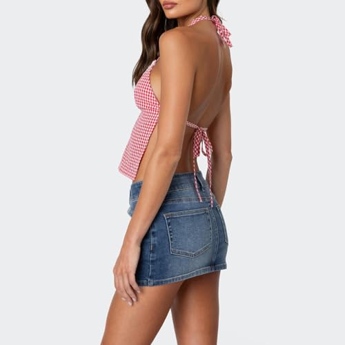 Women Girls Terry Trim V-Neck Halterneck Top Sleeveless Open Back Gingham Tops Strappy Y2K Shirts Streetwear3