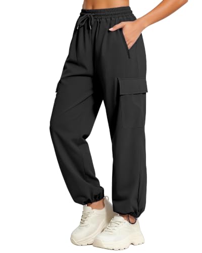 Hvididan Girls Cargo Pants Drawstring Waist Kids Joggers Hiking Pants Trousers with Pockets for Teen Girl Black 11-12 Years