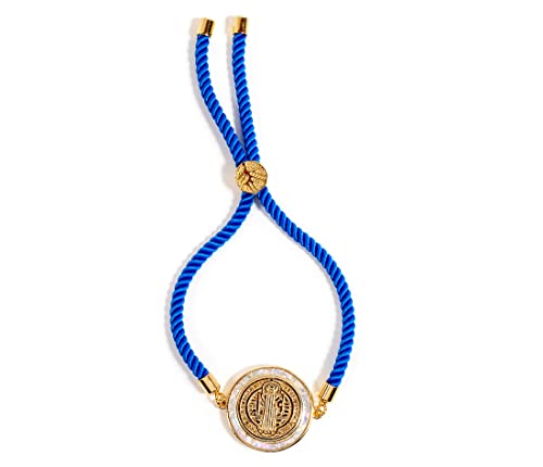 Image of Catholic Blessed Saint Benedict Medal 18K Gold Plated Bracelet Blue String Religious Jewelry