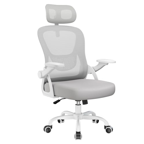 rattantree Silla de Oficina Ergonómica, Silla Escritorio con Reposabrazos Abatibles, Reposacabezas Y Respaldo, Silla ergonomica Pequeña con Basculante De hasta 115°, Malla Silla de Oficina, Gris
