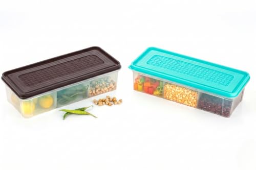Image of MAGIC SPOON Multipurpose 3 Section Storage Container | Spice Box, Pickle Jar, Fridge Organizer, Dry Fruit, Vegetable & Kitchen Storage Container- Combo Pack (2000ml X 2) (AQUA-BROWN)