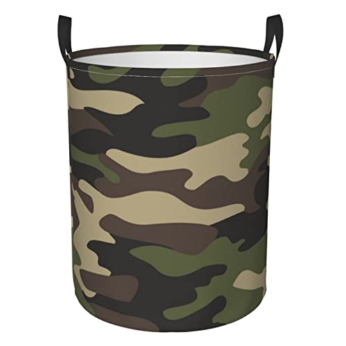 Image of Green Camouflage Round Collapsible Laundry Basket,Large Laundry Hamper Toys Clothes Organizer Foldable Storage Bin Storage Basket With Handles For Dorms,Boys Girls Bedroom,Bathroom