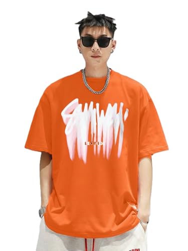 Image of LEOTUDE Classy Look Half Sleeve Cottonblend Front Printed Round Neck Drop Shoulder Oversized Tshirt for Man (Color Orange)