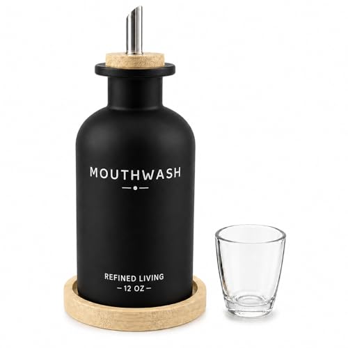 Image of Mouthwash Dispenser for Bathroom, 12 OZ Refillable Glass Mouthwash Bottle with Cup and Bamboo Tray, Decorative Mouth Wash Dispenser Set for Bathroom (Black)