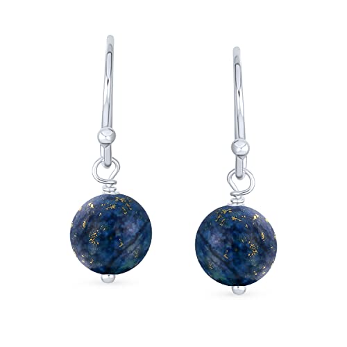 Simple Plain Navy Blue Lapis Lazuli Gemstone Round Dangle French Fish Hook Wire Ball Drop Earrings For Women.925 Sterling Silver #TOP1