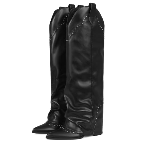 Women's Shark Studded Fold Over Knee High Boots Tall Pull-on Snip Toe Cowboy Cowgirl Slouch Boot Dress