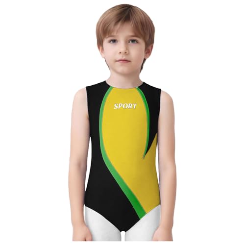 Agoky Jungen Ärmellos Sport Trikot Rundhals Gymnastikanzug Turnanzug Fitness Leotards Streifen Jumpsuit Overall Kurz Romper Gelb 146-152 Agoky Jungen Ärmellos Sport Trikot Rundhals Gymnastikanzug Turnanzug Fitness Leotards Streifen Jumpsuit Overall Kurz Romper Gelb 146-152