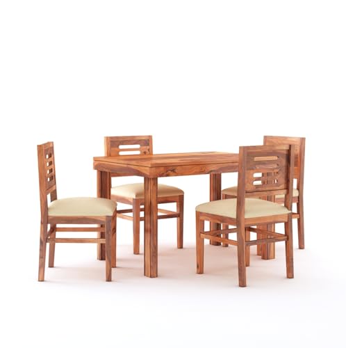Image of SONA Art & Crafts Capsule Solid Sheesham Wood Dining Table Set of 4 Seater Dinner Dinning Table with 4 Cushioned Chair for Dining Furniture for Living Room Home Hotel Office Honey Finish (Caps-D1-4S)
