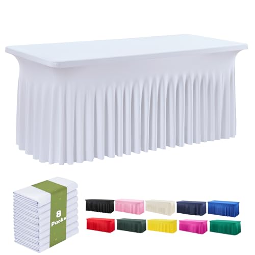 leegleri 8 Pack White Spandex Table Cloths for 6 Foot Rectangle Tables, Wrinkle Free Fitted Table Covers 6ft Stretch Tablecloths with Desk Skirt for Banquet Weddings Parties