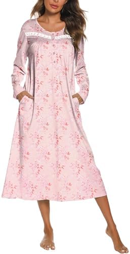 Ekouaer Long Sleeve Nightgowns for Women Long Sleepshirts Button Night Gowns Sleepwear Full Length Sleep Dress with Pockets