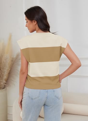 Image of HVT Womens Sweater Vest Cap Sleeve Tops Summer Loose Fashion Vest Striped Casual Shorts Sleeve Color Block Top Trendy Blouses