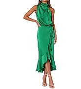 KIRUNDO Womens 2024 Summer Satin Mock Neck Party Cocktail Midi Dress Sleeveless Wrap Ruffle Merma...