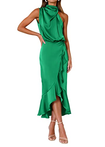 Image of KIRUNDO Women's Summer Satin Mock Neck Wedding Guest Dress | Party Cocktail Midi Dress, 2026 Spring Fashion, Silky, Elegant Classy Halter High Neck, Sleeveless Wrap Ruffle Formal Dress