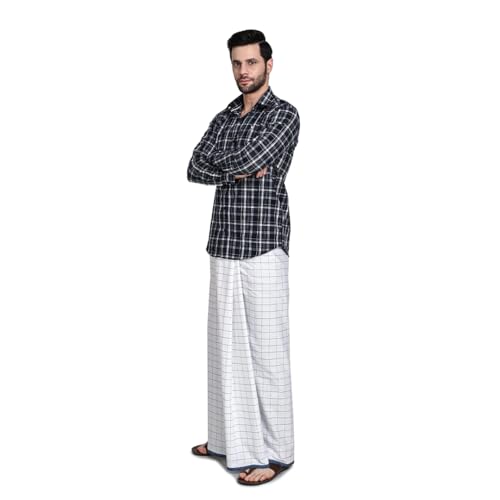 Image of Pure Cotton Lungi for Men, Premium Ethnicwear for Men | Blue Checkered Lungi | Hem Stitched Premium Single Dhoti | 100% Cotton Mundu (1.90 x 1.28 Meters)