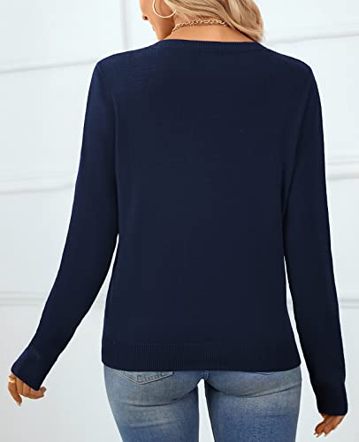 Qualfort Women's 100% Cotton Sweater V Neck Long Sleeve Knitted Sweaters Navy Medium #TOP2