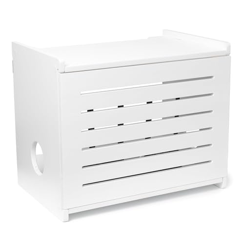 Wooden WiFi Router Storage Box - Deluxe Wall Mountable Decorative Modem Shelf Hider Cover with Cable Management System - Rustic Home Organization Solution for Most Routers Up To 11 Tall - White