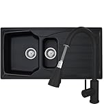 Liquida CMP15BL 1.5 Bowl Reversible Black Kitchen Sink and Pull Out KPO11MB Tap