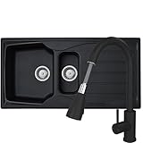 Liquida CMP15BL 1.5 Bowl Reversible Black Kitchen Sink and Pull Out KPO11MB Tap