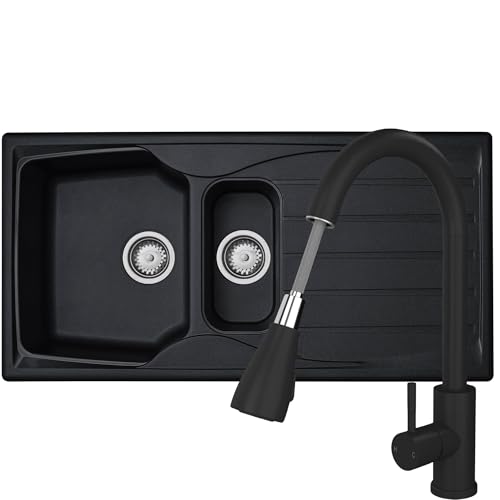 Liquida CMP15BL 1.5 Bowl Reversible Black Kitchen Sink and Pull Out KPO11MB Tap