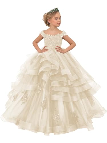 Ruffle Tulle Flower Girl Dresses for Wedding Lace Applique Tiered Princess Dress Long Party Gown