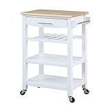 Convenience Concepts Ellaine Butcher Block Kitchen Cart 24.75' - 4 Tier Kitchen Island with Storage Drawer, Dining Room Wine Rack on Wheels, Coffee Station Table, Mobile Utility Trolley, White