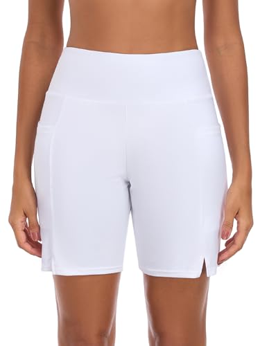 Colloyes Women's High Waisted Causal Board Shorts Quick Dry 7'' Long Swim Shorts with Pockets and Liner, White, Medium