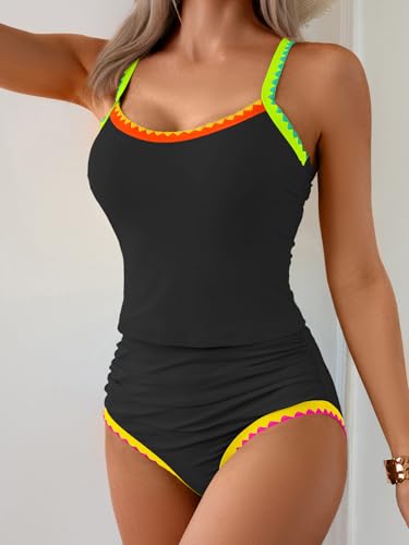 Image of Eomenie Tankini Swimsuit for Women Tummy Control Ruched Two Piece Bathing Suits High Waisted Shell Stitch Swimwear