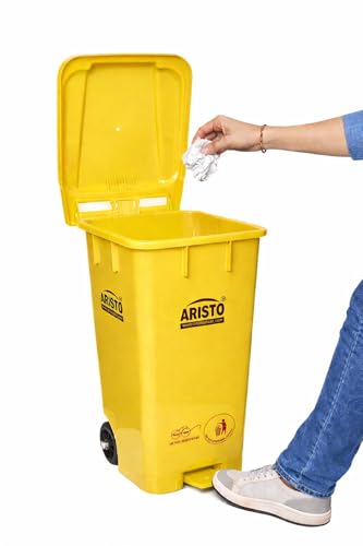 Image of ARISTO Plastic Wheel Pedal Garbage Waste Dustbin 65 LTR YELLOW /YELLOW Pack of 2