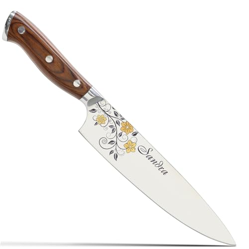 Image of Color Laser Engrave Custom Personalized Chef Knife with Blade Cover and Velvety Red Interior Box Premium Stainless Steel- Personalized for Wife, Mother, Friend (Gold)