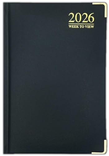 Orbitron 2026 A4 A5 A6 Padded Week To View Diary Full Year Planner Desk Hardback Metal Edge (A6 Black)
