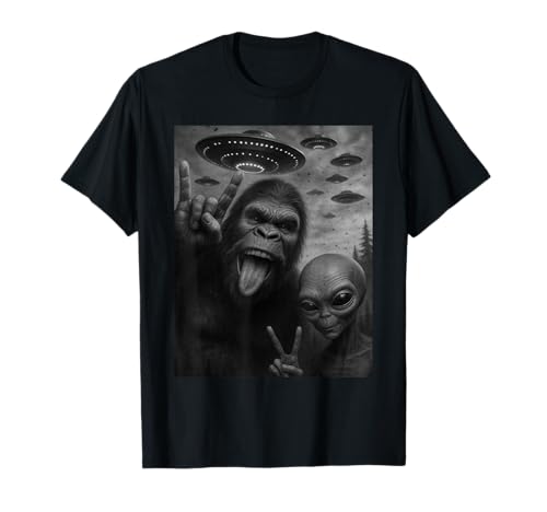 Funny Bigfoot Selfie with Alien Sasquatch Rock On Hand Sign T-Shirt