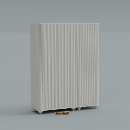 Image of 3 Door Wardrobe Almirah for Bedroom, 72 Inch | Premium HDHMR Wooden Cupboard with Hanging Rod & Storage Compartments | Fluted Push-to-Open Clothes Organizer Cabinet | White Finish