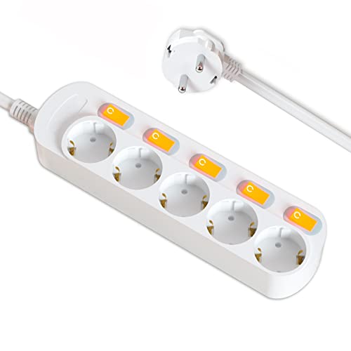EVOELEC Steckdose Sinzeln Schaltbar Steckdosenleiste mit Überstromschutz 16A 250V (1.5M, 5 Fach)