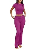 ANRABESS Lounge Sets for Women 2 Piece Foldover Yoga Flare Leggings Pants Crop Tops Casual Y2K Outfits Matching Tracksuit Set Hot Pink Large