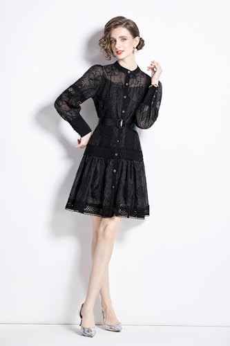 Image of LAI MENG FIVE CATS Women's Hollow Out Floral Print Lantern Sleeve Button Casual Mini Dress