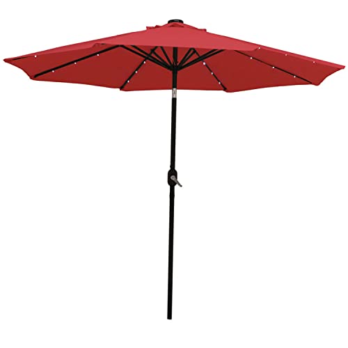Sunnydaze 9 ft Outdoor Patio Umbrella with Solar Lights - Polyester LED Table Market Umbrella with Push-Button Tilt and Crank - Red