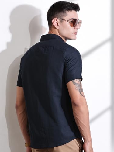 Image of Thomas Scott Men's | Solid | Half Sleeve | Slim Fit | Linen Blend | Double Flap Pocket | Spread Collar | Casual Shirt for Men