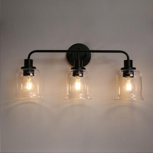 Image of KSANA Black Bathroom Vanity Light, 3 Light Bathroom Light Fixtures Over Mirror, 22.8 Inch Modern Vanity Lights for Bathroom with Clear Glass Shade