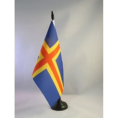 Image of AZ FLAG Aland Table Flag 5'' x 8'' - Aland - Finland Desk Flag 21 x 14 cm - Black plastic stick and base