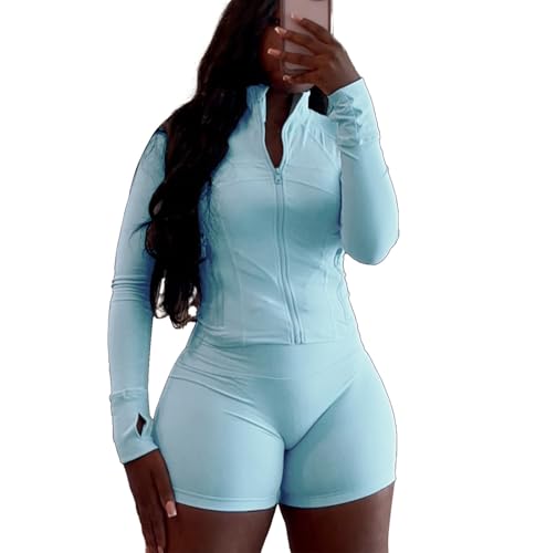 Vssjavun Women 2 Piece Outfits Sweatsuit Sets Long Sleeve Full Zip Workout Jacket Bodycon Shorts Set Tracksuit Loungewear LightBlue L