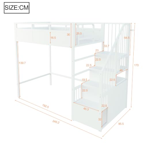 Cama alta de metal 90x200 Dolamaní con escalera de almacenamiento blanca 3