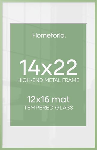 Image of Homeforia 14x22 Green Picture Frame, High-End Metal, 12x16 Mat, Glass | High End Aluminum, Tempered Glass, Acid-Free 12x16 Removable Mat, 14x22 in Edge-to-Edge Display 22x14, Wall Kit, Set Of 2