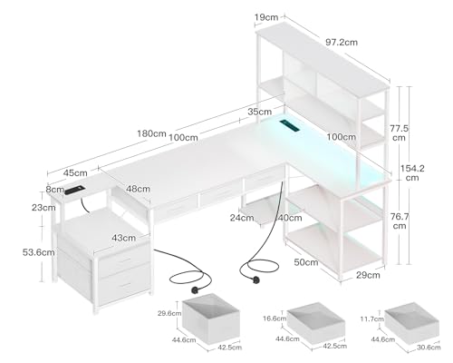 Coleshome L Shaped Corner Desk with Drawers, Reversible Home Office Computer Desk with Storages & Shelves, Gaming Table with LED Lights & Power Outlets White, 180 × 100 cm